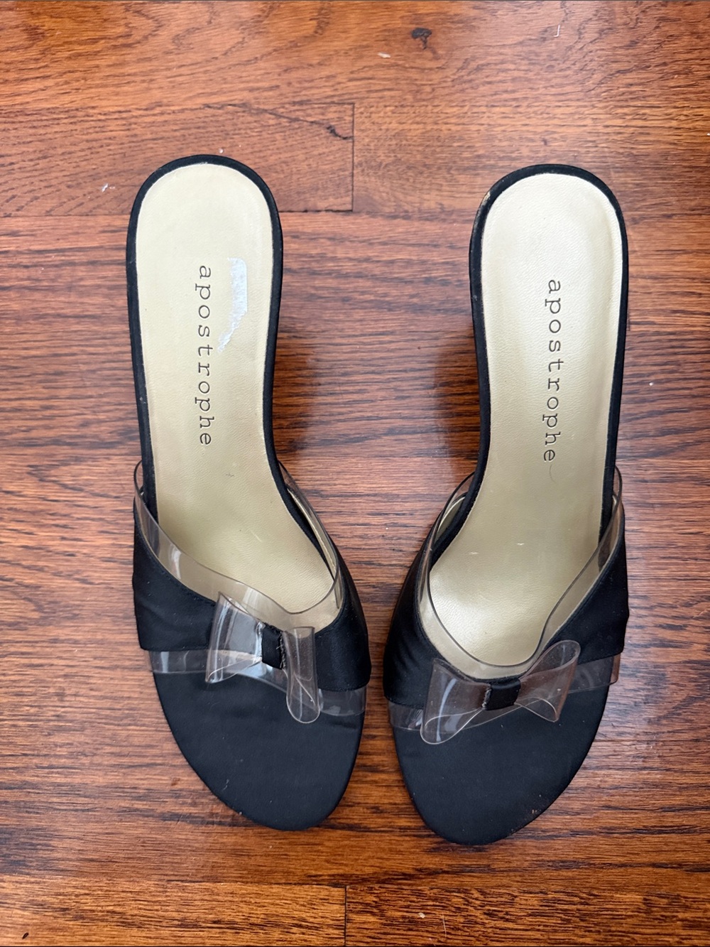 Y2K Apostrophe Black Slip-On Mules with Clear Bow Accent size 8.5